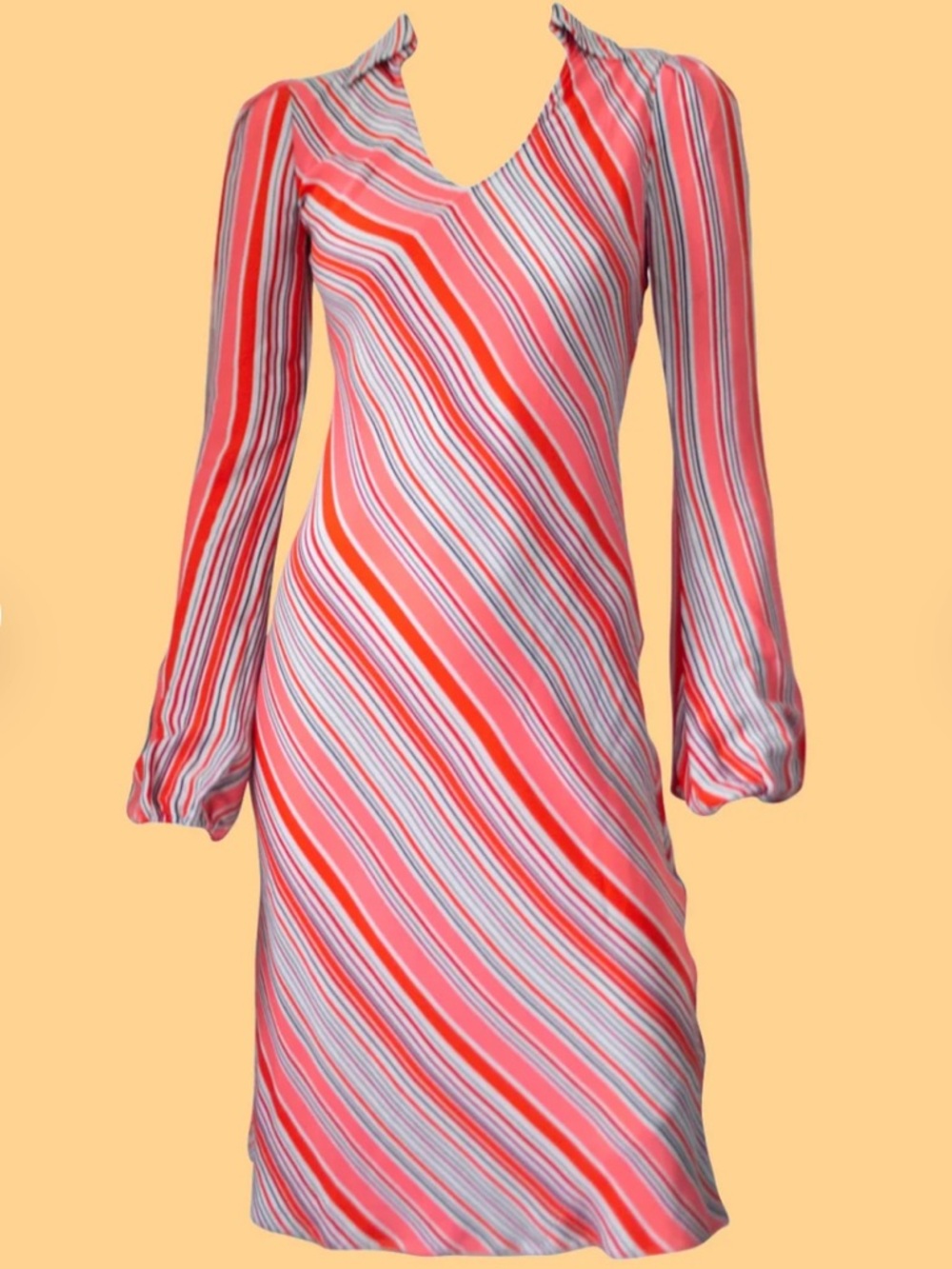 Vintage Diane Von Furstenberg Dress Silk DVF, Bias Cut Striped Orange Hot Pink 6